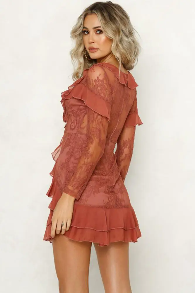 Long Sleeve Dress Lace Mini Slim Dresses with Ruffles White V-neck Embroidery Casual Dresses Summer Spaghetti Strap Pleated Full