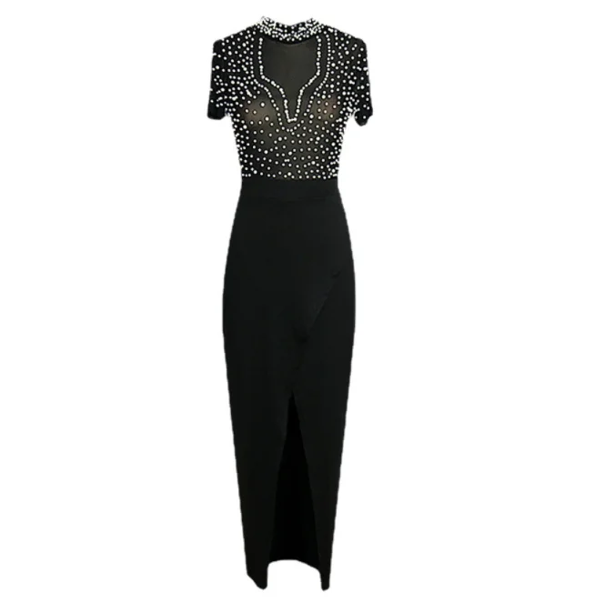 H & D Women Fashion Sexy Dress Open Hairpin Round Neck Tulle Beaded Short Sleeve Women Evening Party Dress