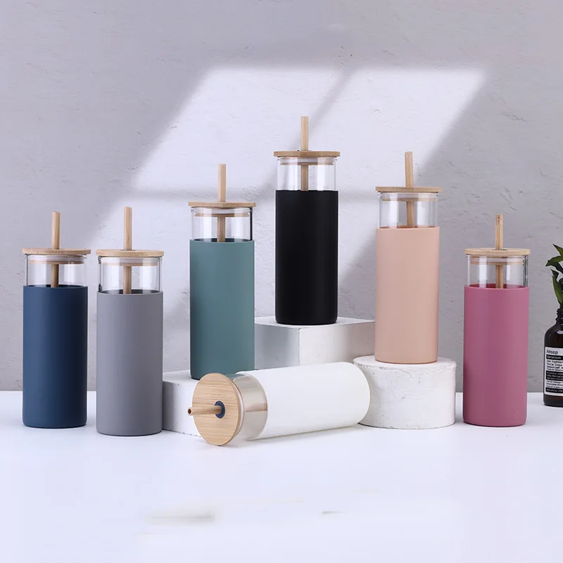 Bpa Free Keep Warm Custom Printing Reusable Water Bottles Cup Bamboo Lid Straight Tumbler with Silicone Sleeve and Straw 500ml