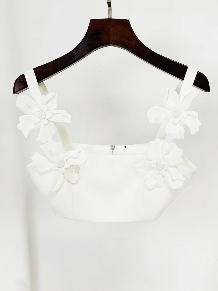 2024 new star fashion spaghetti-strap camisole top three-dimensional flower mid-length dress set two-piece set