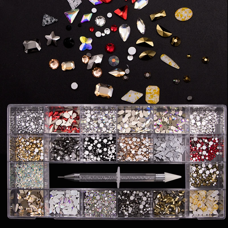 Multi Shapes Glass Diamond Nail Art Gem Kit Iridescent 3D Flatback Ab Color Nail Crystals Rhinestones Stone For Decor