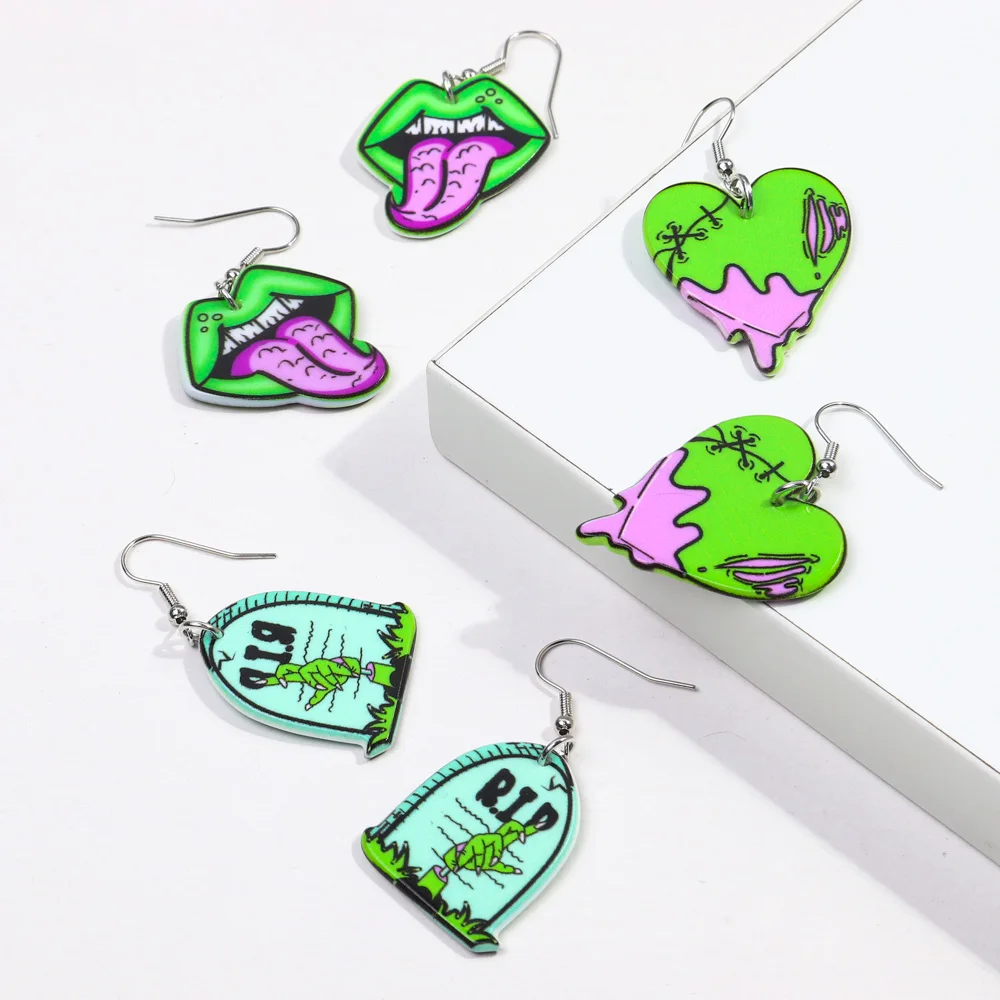 Wholesale new Halloween Zombie dripping blood Heart Lip Tongue Brain fluorescent green hiphop Drop Earrings acrylic for women