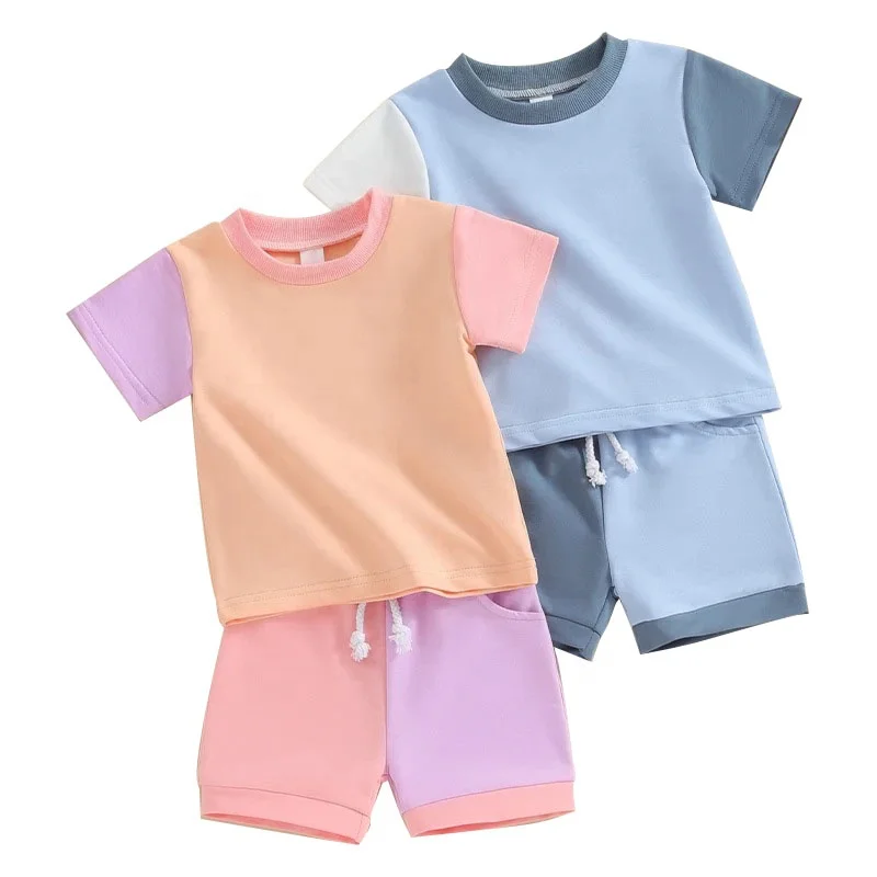 Custom baby kids summer color block cute two pieces short clothes sets
