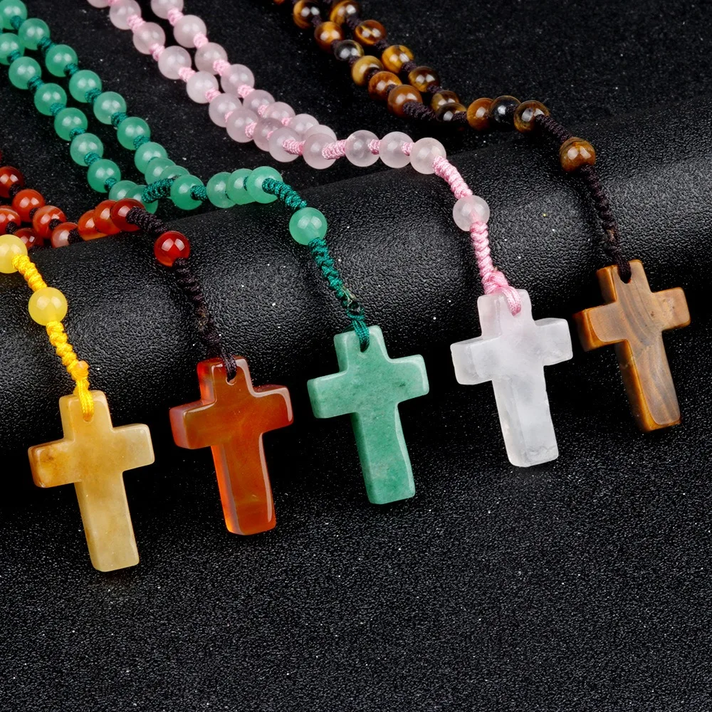 3cm Cross Pendant Beaded Necklace for Men Women Catholic Rosary Hand Knotted Necklace