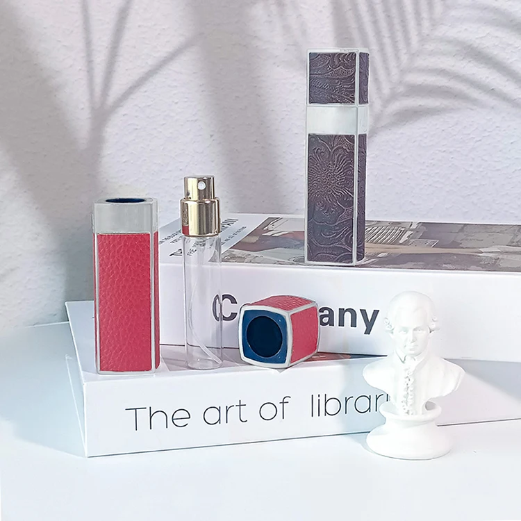 wholesale custom low moq 8ml 10ml 15ml square refill leather spray bottle atomizer luxury perfume bottle with box package