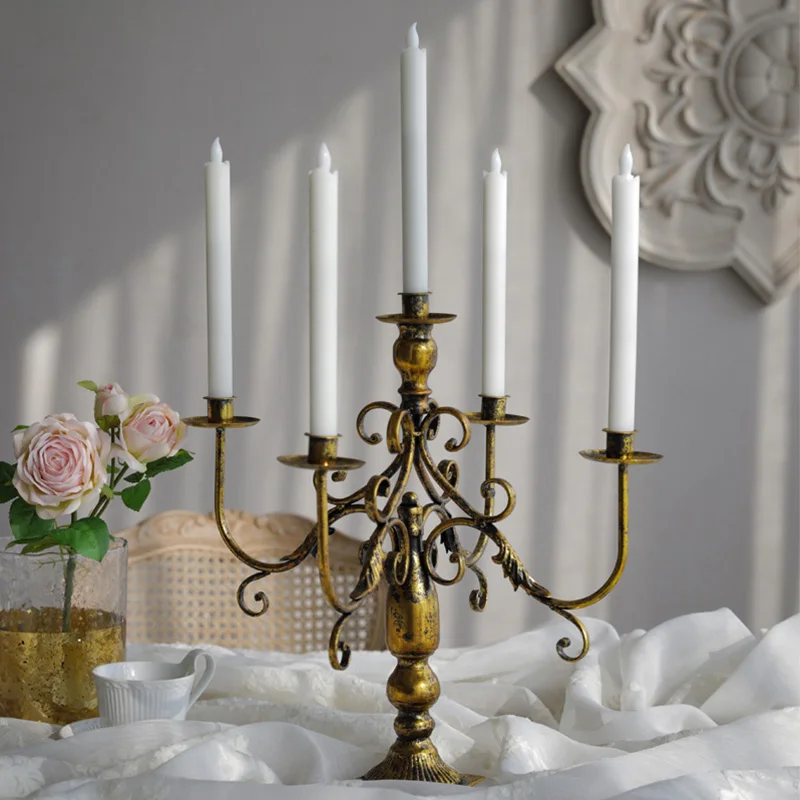 Antique Nordic Style Iron 5 Arm Candelabra Wedding Table Centerpieces Gold Metal Multiple Iron Candle Holder