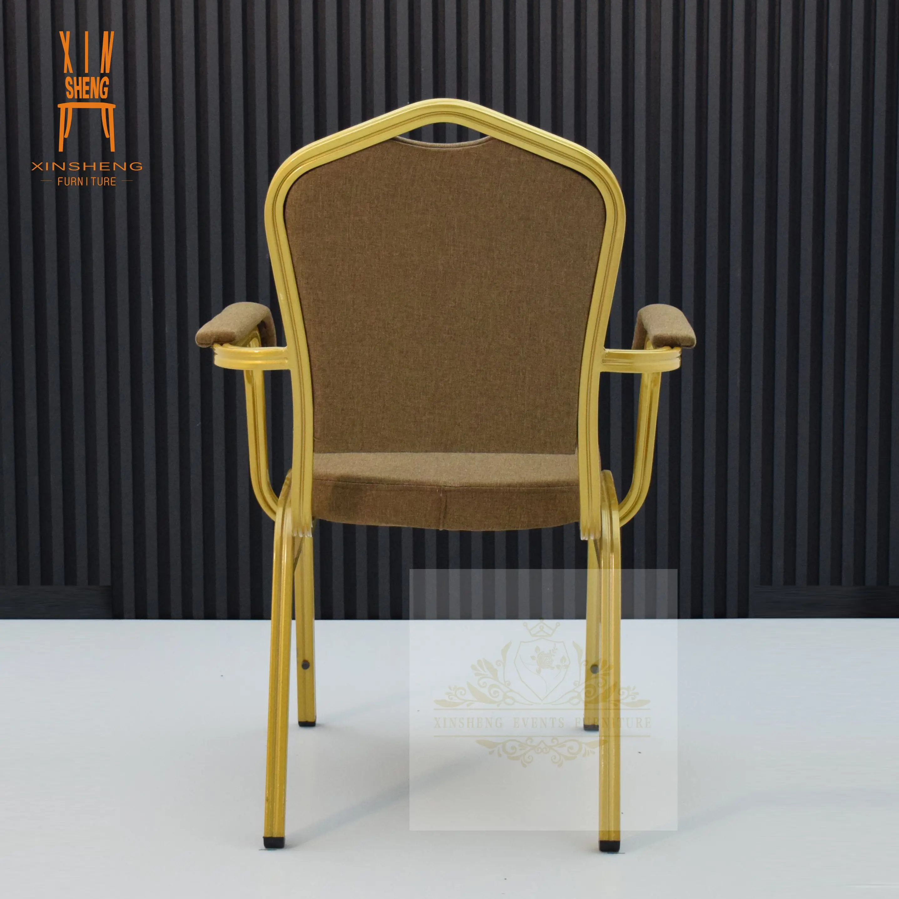 High quality wholesale gold metal frame with arm party chair for hotel banquet wedding dining chair