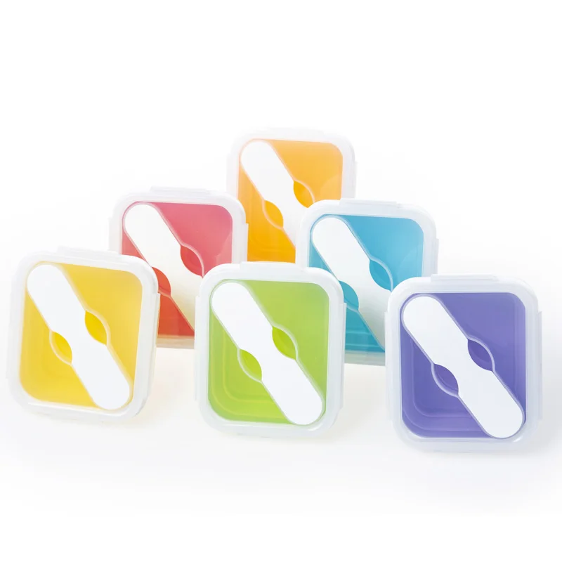 multiple colors kitchen silicone folding collapsible lunch boxes with fork