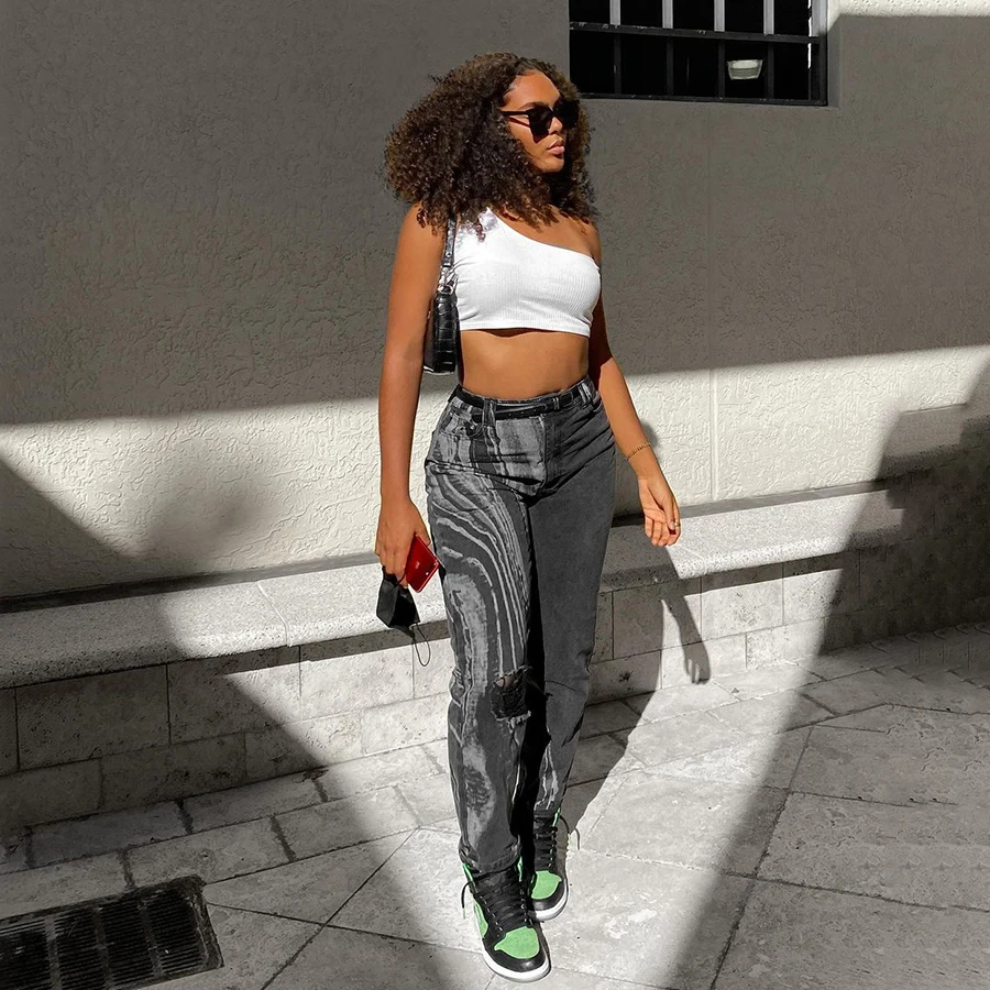 Nibber W21P00802 Newly Irregular Striped High Waist Casual Streetwear Cotton Slim Lady Denim Trousers Women Pants & Ripped Jeans