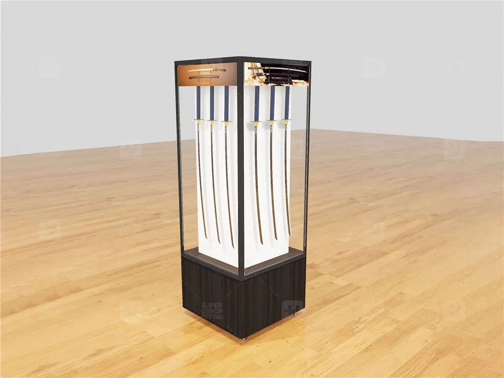 Customized Lockable Glass Door Kitchenware Store Display Cabinet Design Rotating Wooden Knife Shop Display Showcase