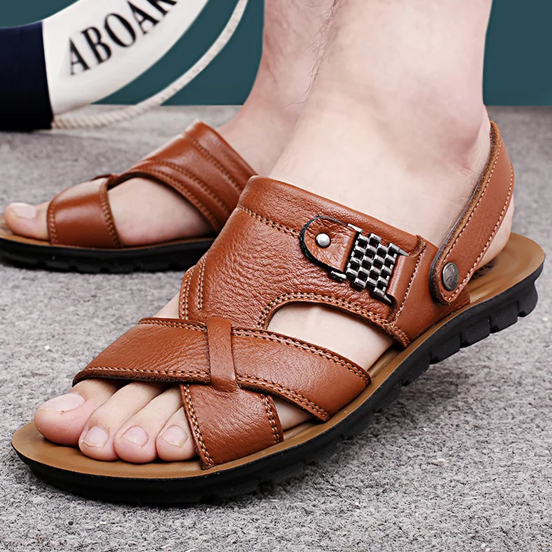 High quality new style comfortable genuine leather beach outdoor slides slipper sandals for men