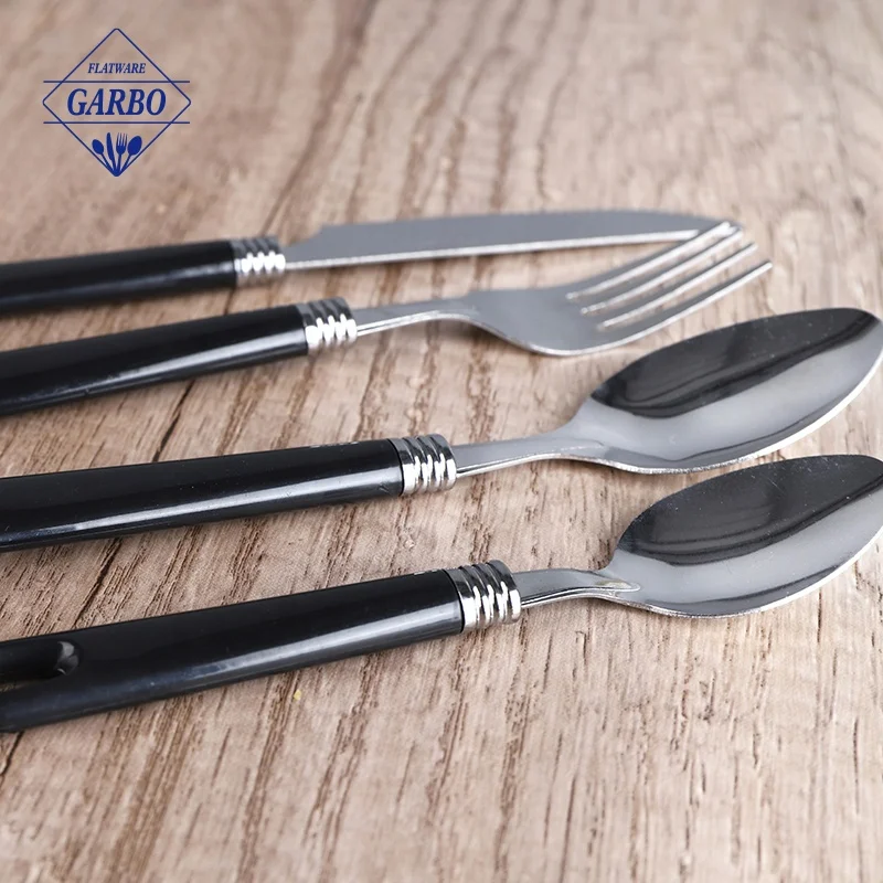 Wholesale South America Hot Sale Cheap 410 Stainless Steel Black Plastic Handle 36pcs Cutlery Flatware Sets with PVC Gift Box