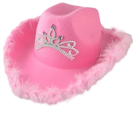 2025Western Cowgirl LED UP  Hats For Women Girl Rolled Sequin Brim Crown Decor Fedora Hat Feather Pink Cowboy Cowgirl Hats