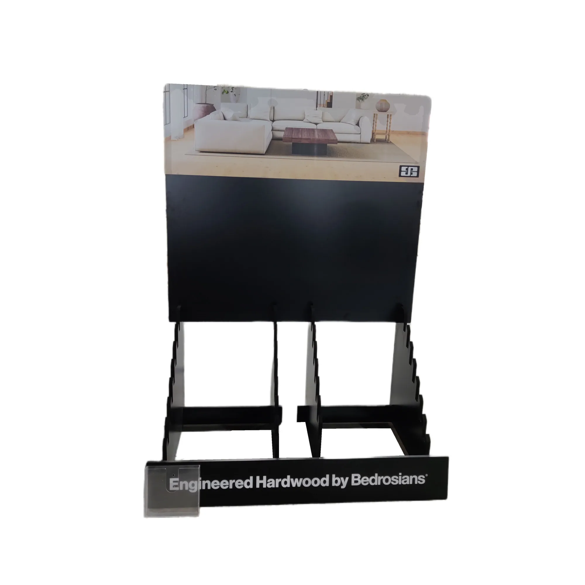 Provide Custom Design 1500 mm Wide Black Double-row Wood Floor Vinyl Sample Board Display Stand With Acrylic Brochure Holder