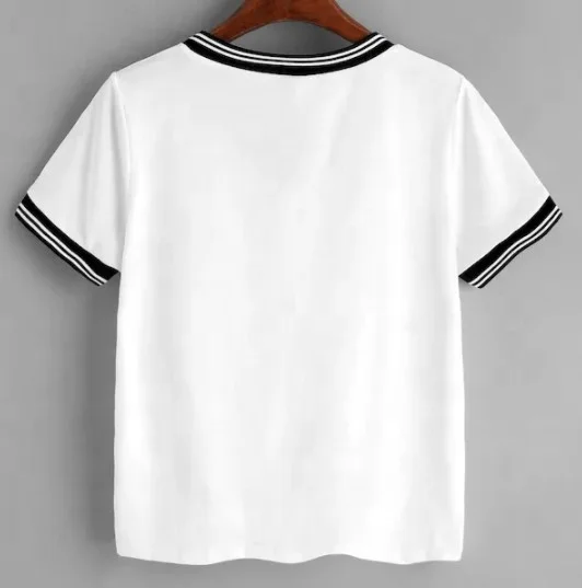 preppy style girls v-neck stripe trim t-shirt