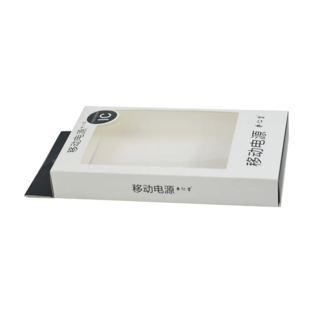 Custom Printing Hanging Hook Hole Die Cut Clear PET Window Tuck Top Powder Bank Retail Boxes for Phone Accessories Packaging