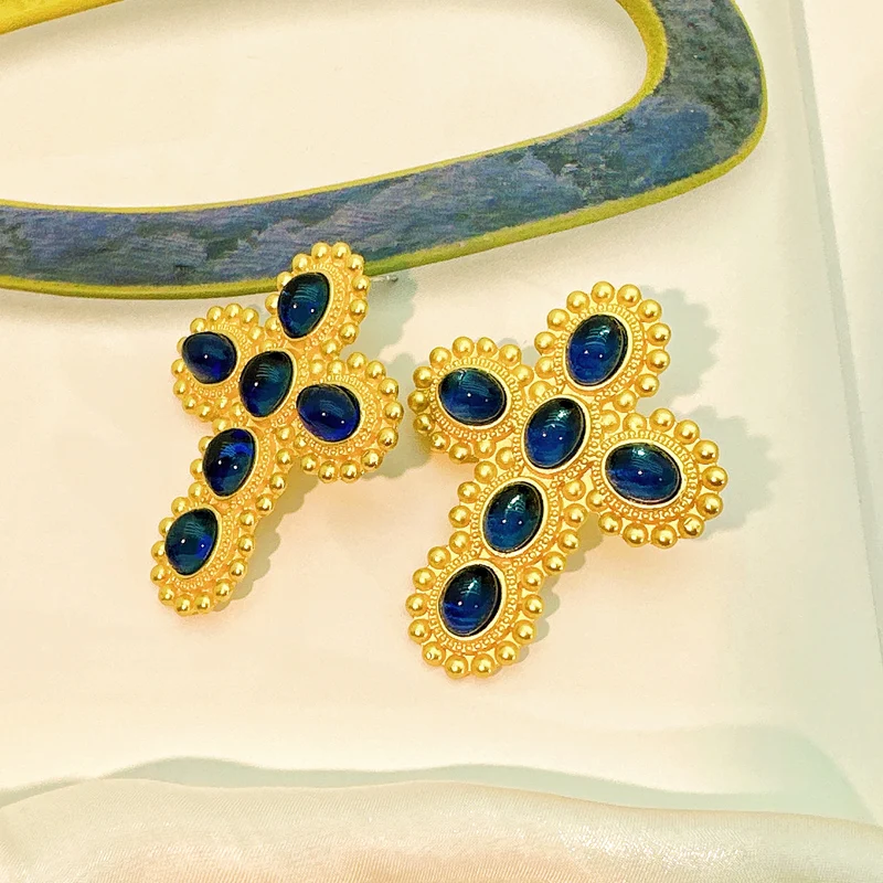 Fashionable Cross Gold Resin Stud Earrings Festival Ruby Religious Personality Earrings Retro