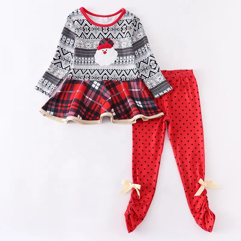 Girlymax Winter Christmas Santa ruffle hem long sleeve sweatshirt with red leggings Baby Girls Sibling Outfit Matching Clothes
