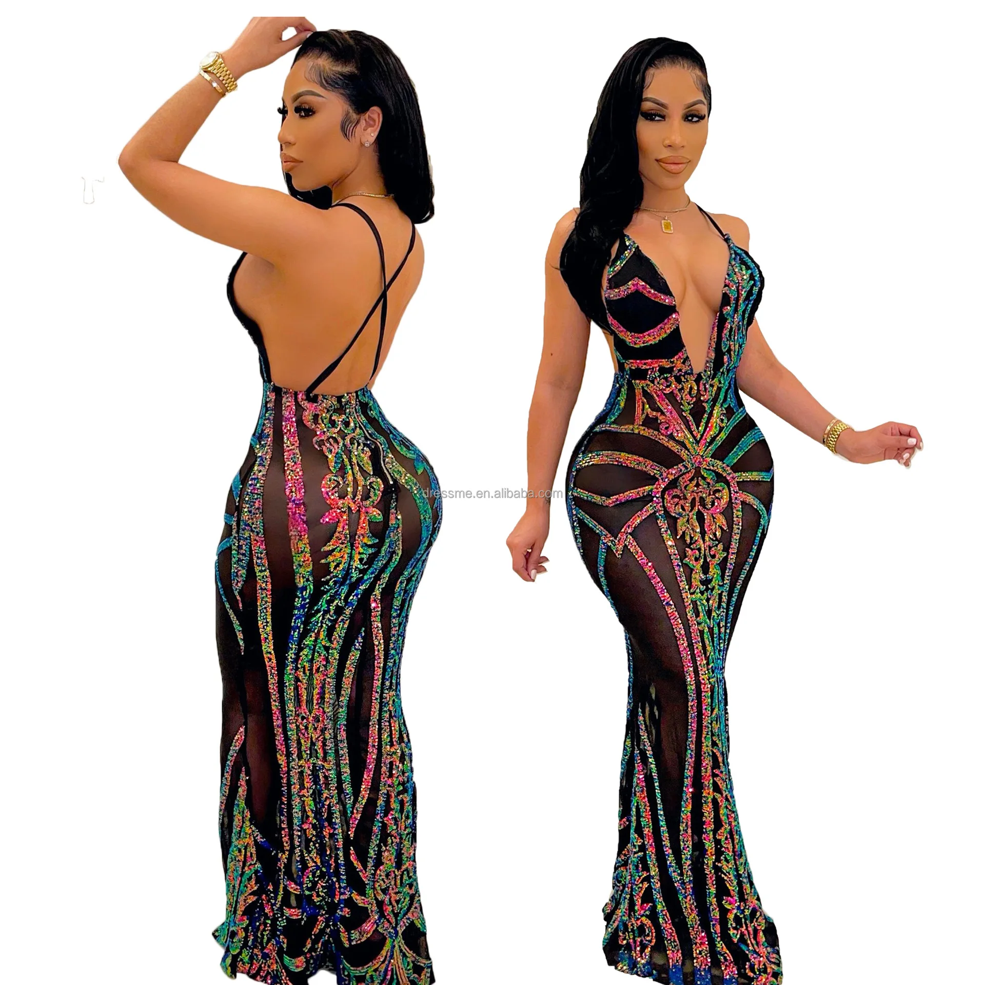 MT358-9151  2022 spring Stylish Sexy Sequin Open Back Sleeveless See Through Party Clubwear Halter Women Maxi Evening Dresses