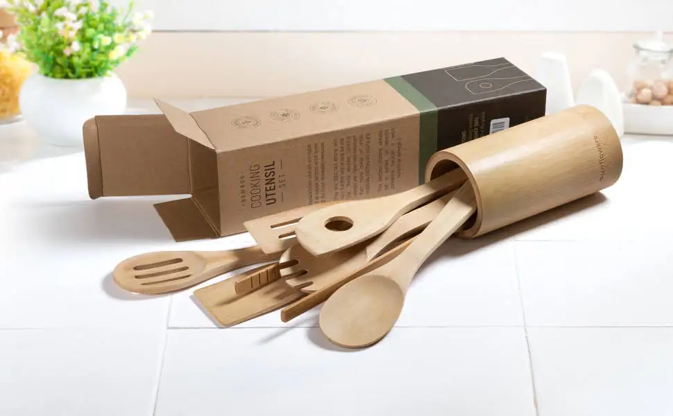 Eco Friendly Organic Bamboo Wood Elevated Cooking Utensils Set Serving Bamboo Kitchen Utensils Cookware Set