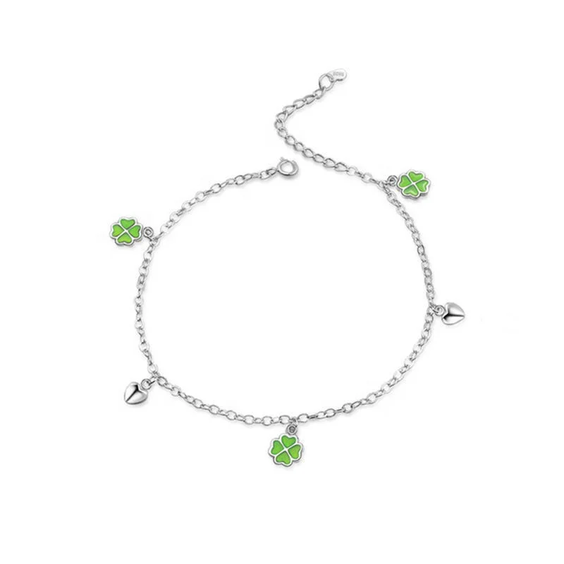 Dainty Barefoot Sandals 100% Silver 925 Foot Chain Anklets Body Jewelry Heart Four Leaf Clover 925  Sterling Silver Anklet Women