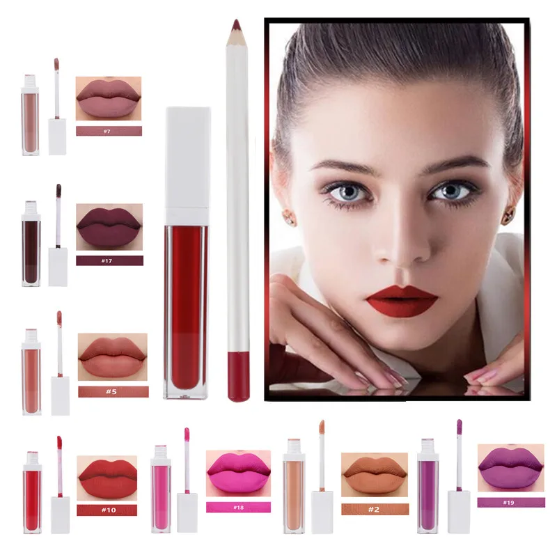 
Wholesale private label lipstick cosmetics matte liquid lipstick with lip liner 2 in 1 makeup lipstick lip pencil kit 