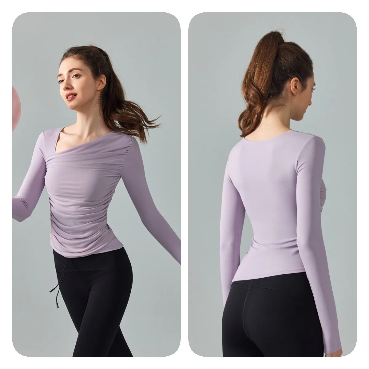 YISHENHON New Diagonal Collar Yoga Long Sleeve T-shirt Gauze Patchwork Sports Top Slimming Fitness Top With Chest Pad Fashion