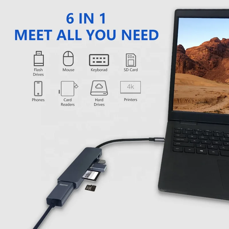 6 в 1 4K гипердрайв USB-C док-станция для usb-концентратора типа C для Macbook Pro