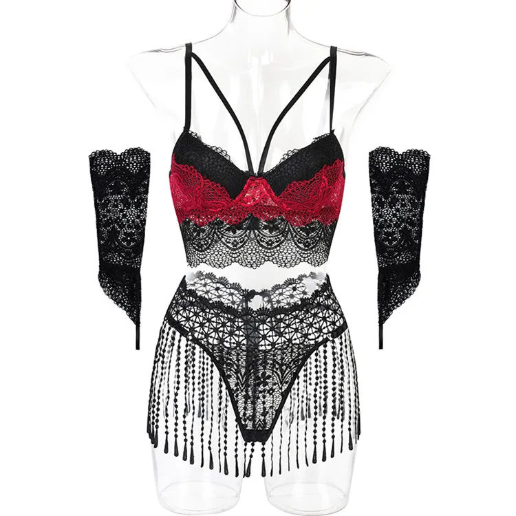New Arrival Ladies Clothes Sexy Lingeries Tassels Patchwork Transparent Lace Women Sexy Underwear