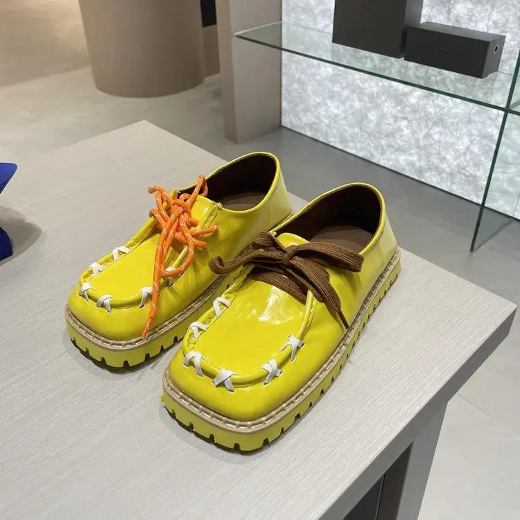 Kemayanni New Arrival Female Thick Sole Loafer Shoes Square Toe Derby Style Yellow Leather High Platform Women Chunky Loafers