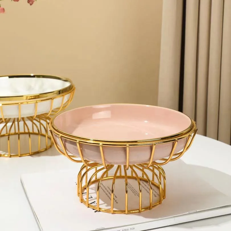 Handmade ceramic salad bowl, luxury fruit bowl for dessert Nordic style with metal rack