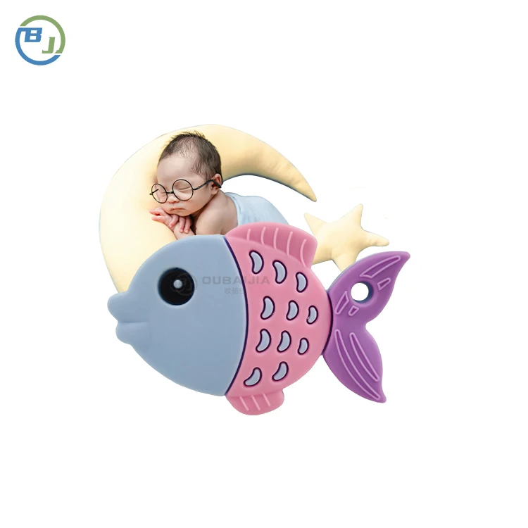 OBJ can customize food grade silicone baby molar fish tooth glue newborn training hand grasp educational toy training