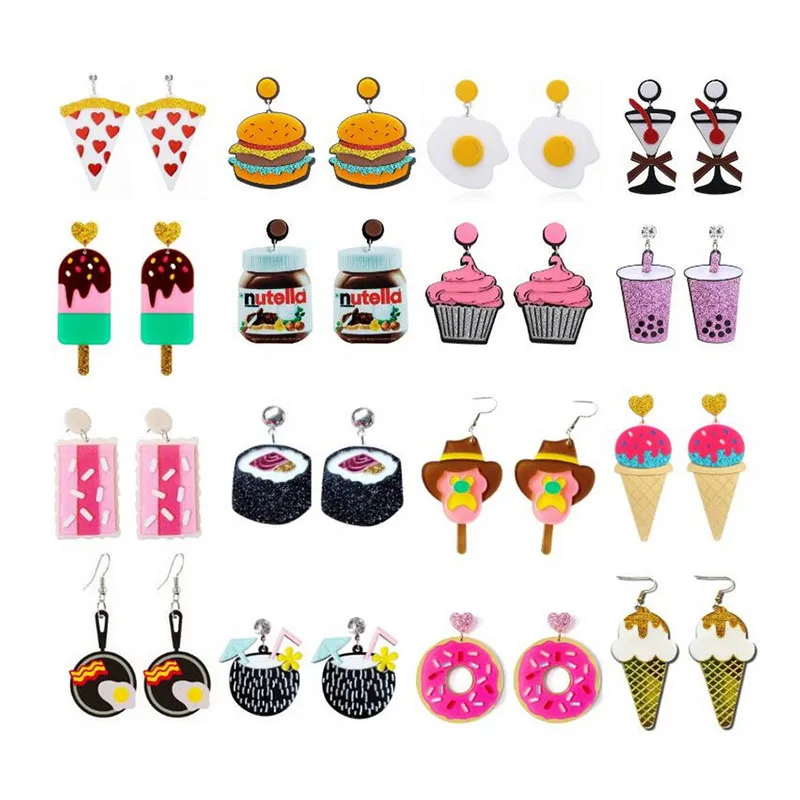 Colorful Dangling Earrings Wholesale Bulk Jewelry Women Fancy Acrylic Ice cream Hamburger Food Earrings for Party Girl