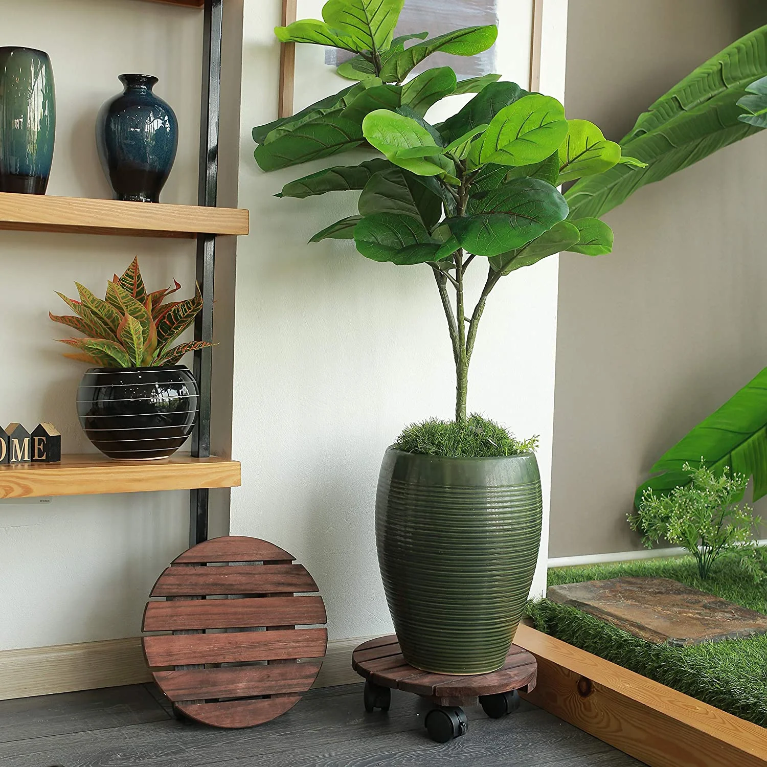 Custom Indoor Outdoor Flower Pot Caddy Rustic Round Wooden Plant Stand with Wheels