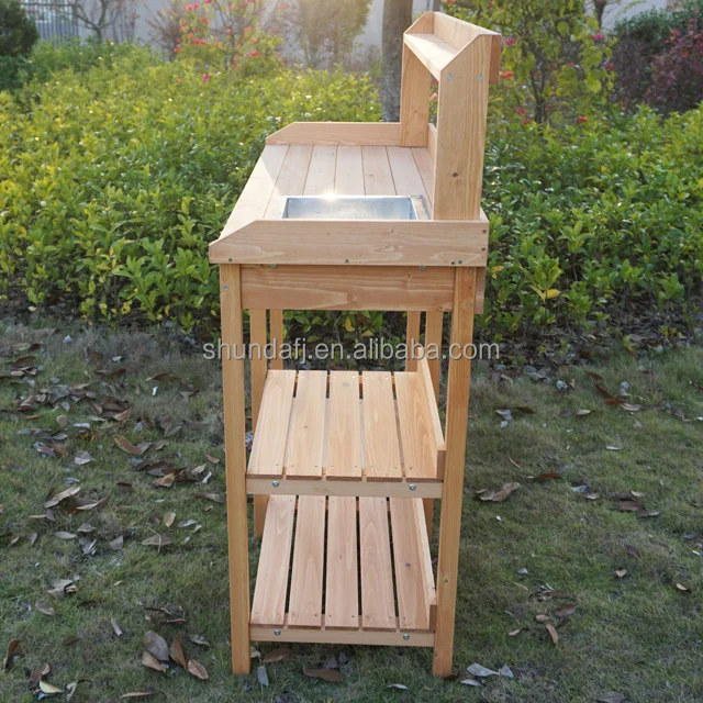 SDPB004 Products Mobile Garden Potting Bench Outdoor Wood Workstation Table Tabletop Storage Shelves