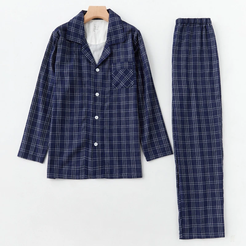 Осенние мужские Бесшовные Топы с длинным рукавом и брюки, пижамный комплект из 100% хлопка для мужчин