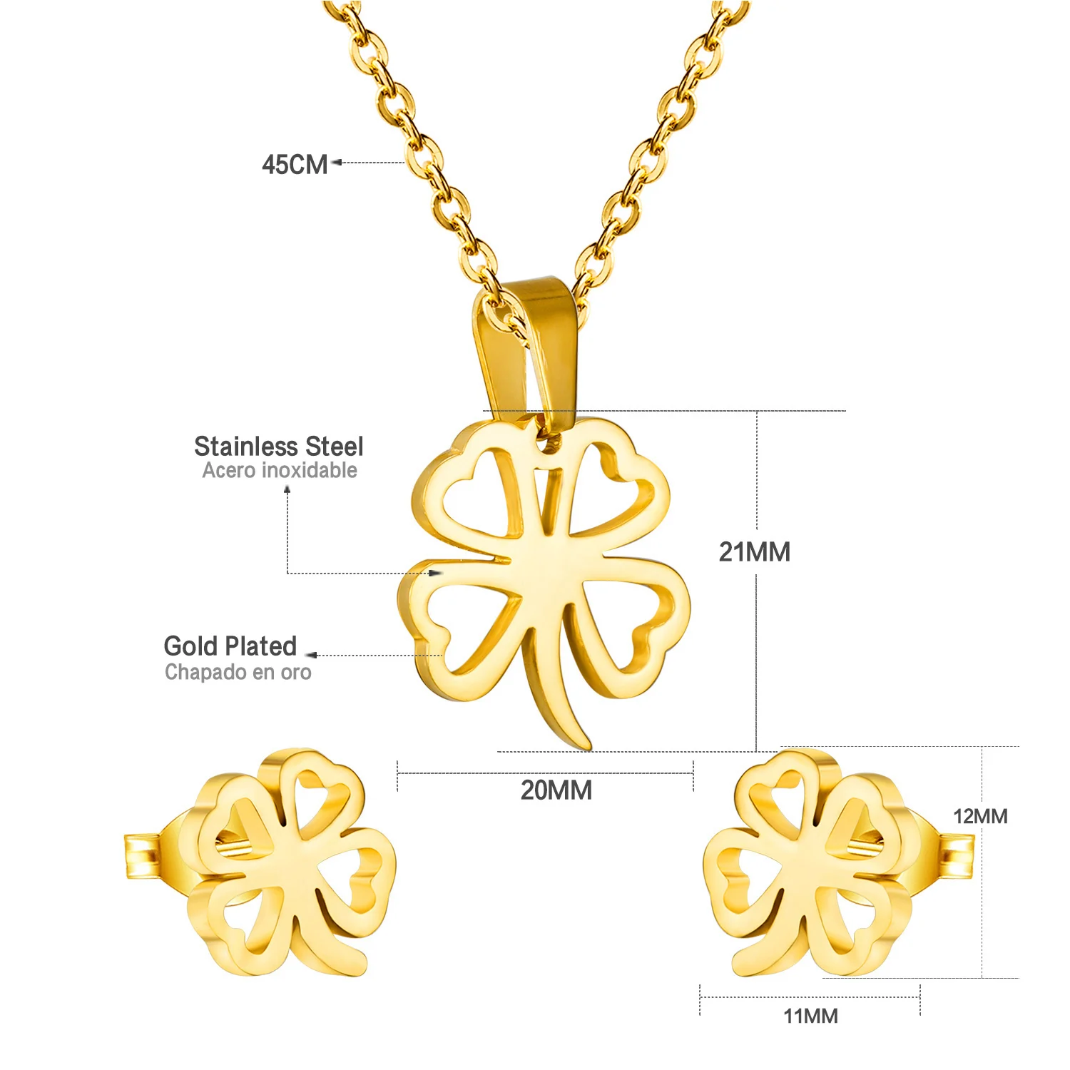 Wholesale Women Stainless Steel 18K Gold Plated Lucky Pendant Necklace Earring Set Jewelry Set Jewellery