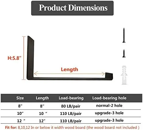 8 Inch Black Wall Bracket with Lip for Floating Shelves Rustic Iron Metal Shelf Bracket for DIY Open Shelving