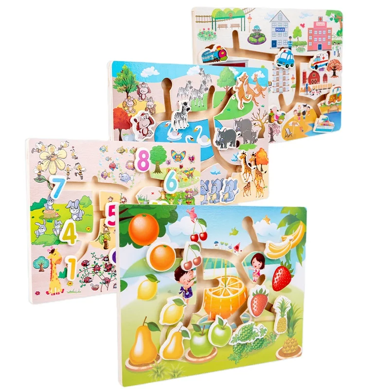 High Quality Kids Intellectual Training Cartoon Style Wooden Sliding Cartoon Animal Fruit 3D Puzzles Set