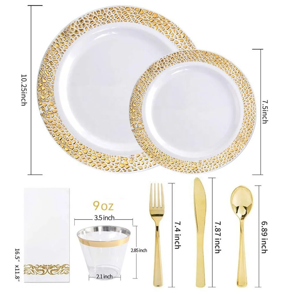 White Gold Rim Luxury Disposable Plastic Dinner Sets