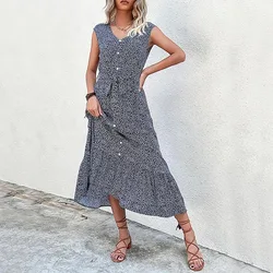 2023 Women summer fashion holiday style boho floral printed short sleeve maxi long dress
