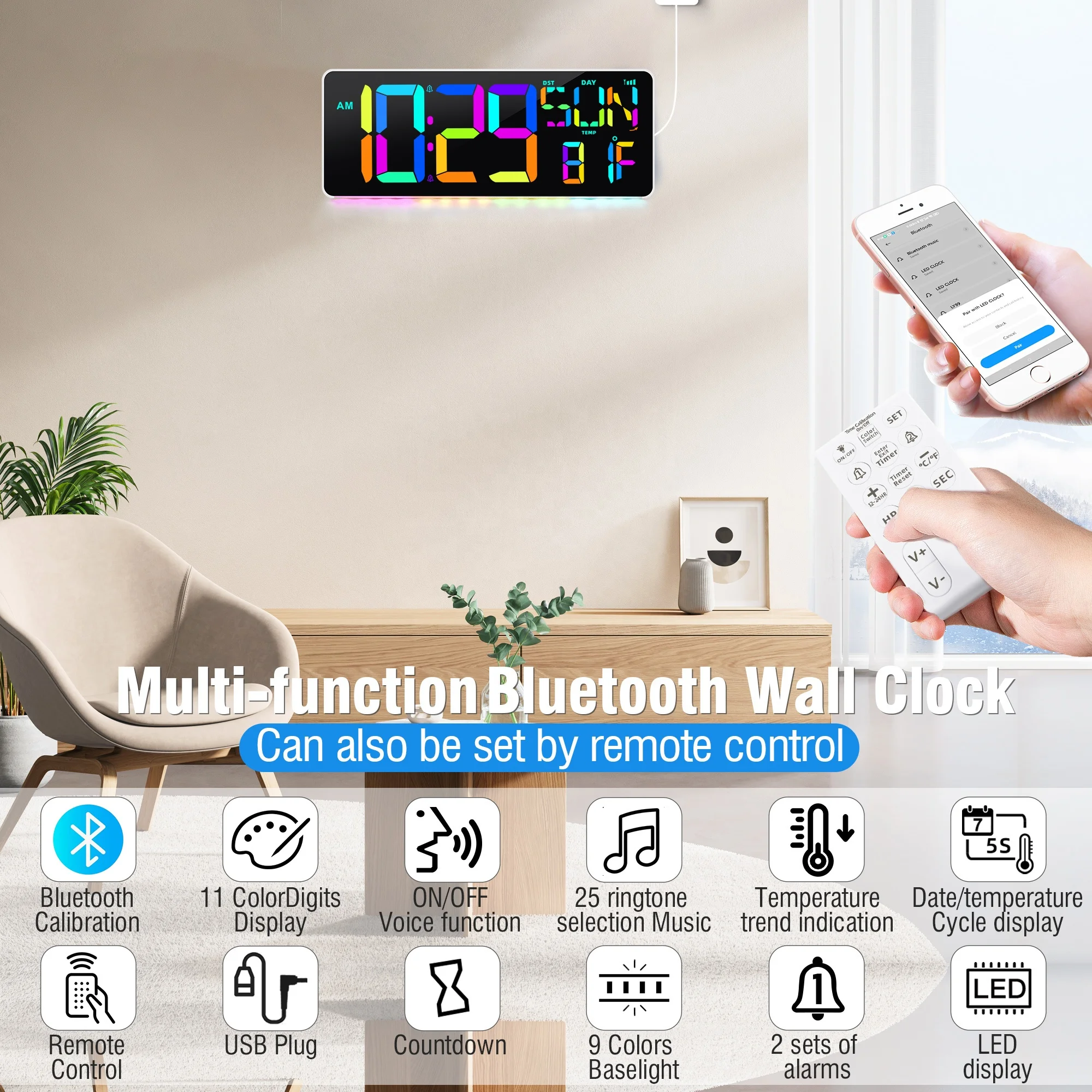 Mobile Phone Bluetooth Connection One-Key Time Synchronization RGB  LED Wall Clock Color Changing Alarm Clock with Sunrise