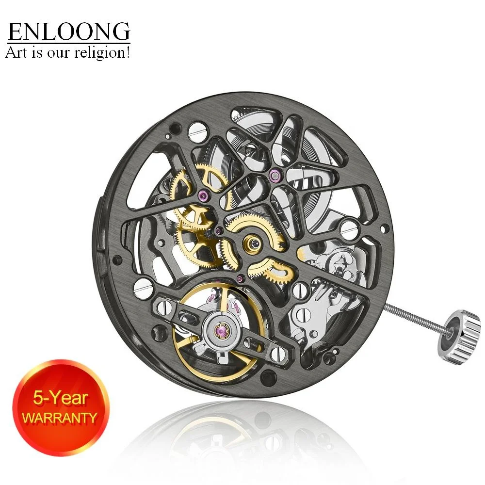 ENLOONG Luxury All Skeleton Mechanical Movement Automatic 21 Jewels Cross Bridge Black OEM Logo Custom Rotor Watch Movement
