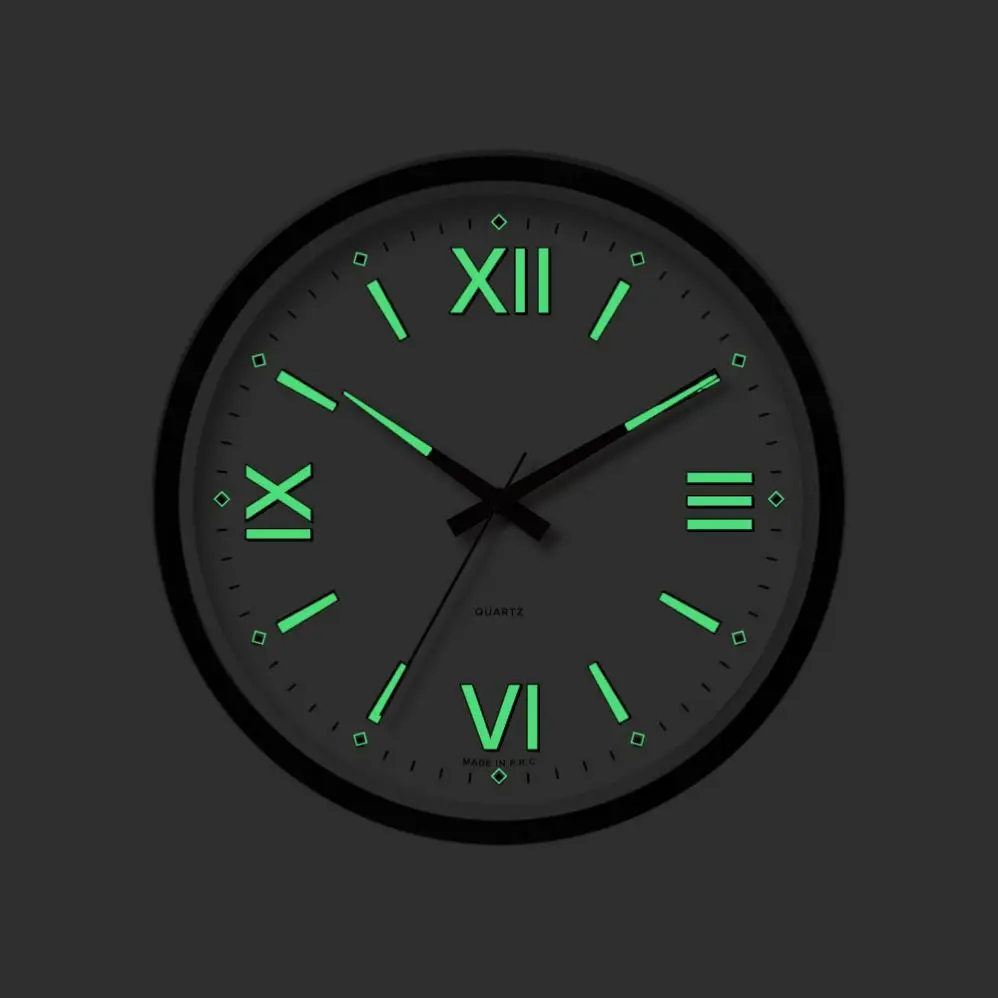 12 inch Modern plastic luminous Wall Clock Fluorescence Silent Custom Quartz Clock Battery Powered Decorative Wall Clock for Off