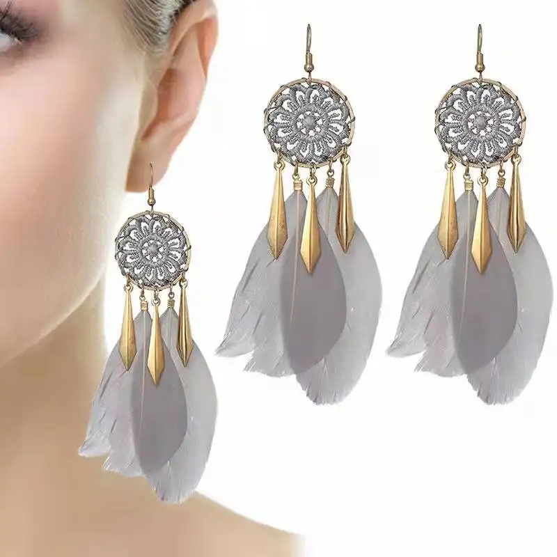 2022 new colorful Feather Earrings woven Earrings geometric Pendant Long Earrings hoop
