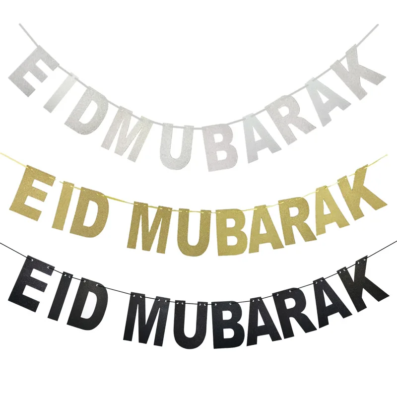 Eid Gold Glitter Paper Garland Muslim Islamic Eid Mubarak Banner for Eid Decoration