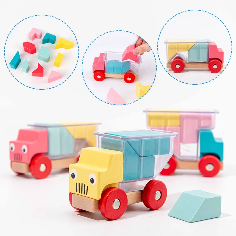 Kids Educational Preschool Puzzle Game Colorful Wooden Blocks Assembling Toy Truck for Kids Toys