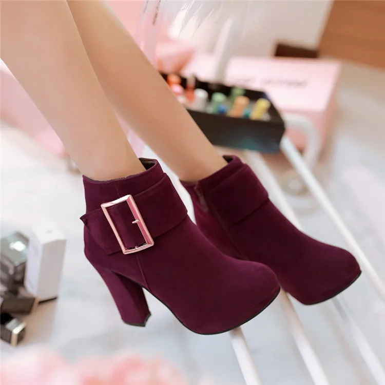Suede Thick Bottom Oem Fall New Design Sexy Ladies Wide Calf Chunky Heel Booties Woman Ankle Heel Womens Ankle Boots With Buckle