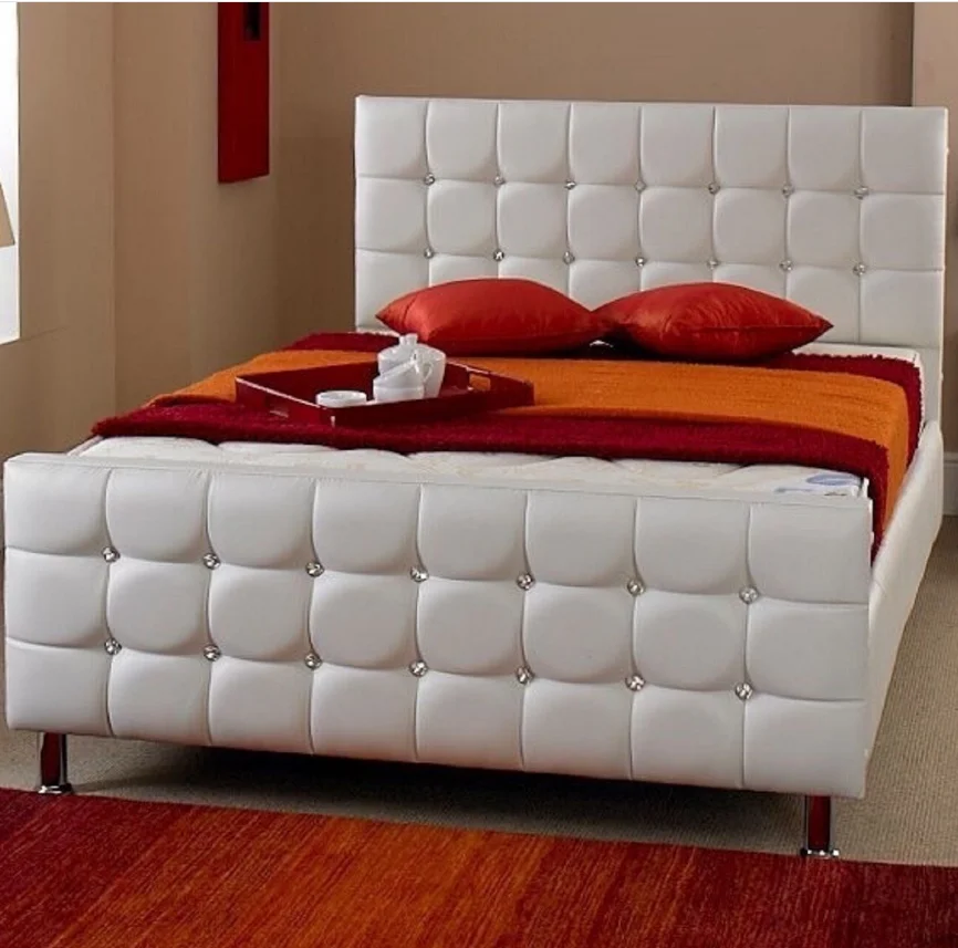 
White Diamond Crystal Faux Leather Bed 3FT 4FT 4FT6 5FT FREE Delivery 