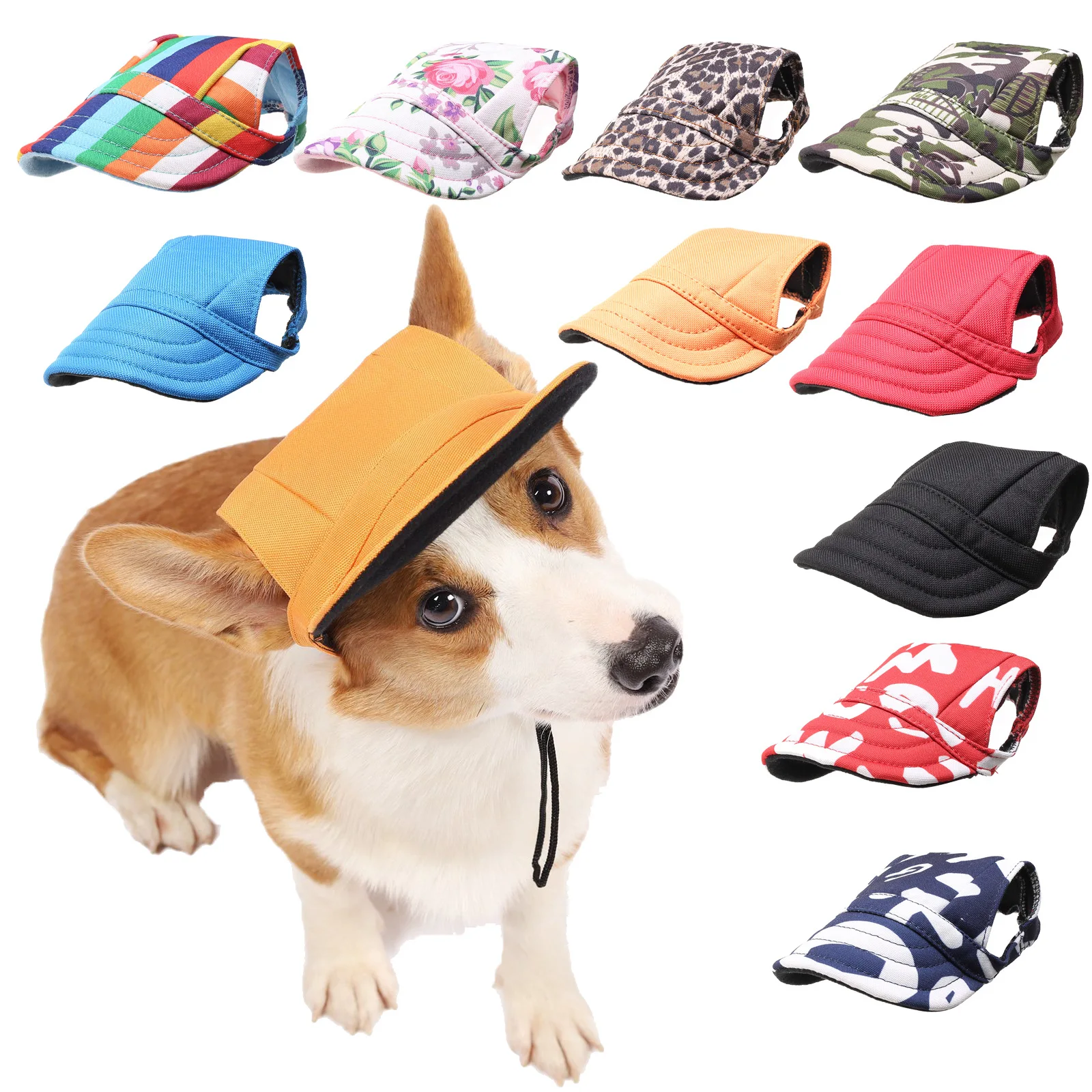 Dog Baseball Cap Pet Outdoor Sports Hats Dogs Hat Canvas Visor Cap with Ear Holes Adjustable Dog Sport Sun Protection